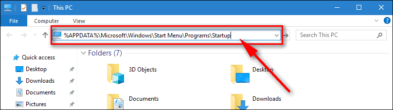 Windows 10 startup folder variable